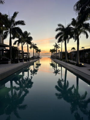 A long, narrowish 100-meter swimming pool lined with palm trees with the ocean and sunset in the background.
