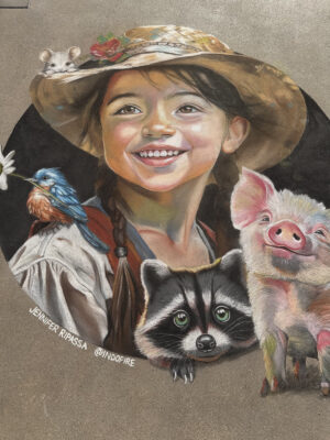 A stunning drawing of a little girl in a straw hat with a pig, raccoon, and bird by Jennifer Ripassa.