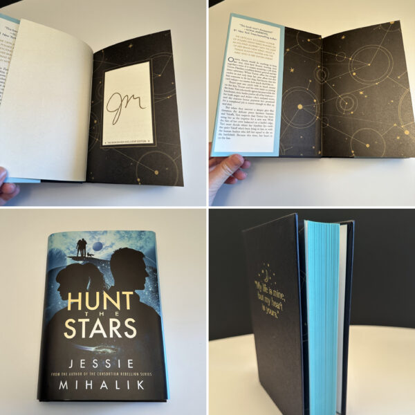 A picture of the signature page, custom starry endpapers, dust jacket with original cover, and teal sprayed edges.